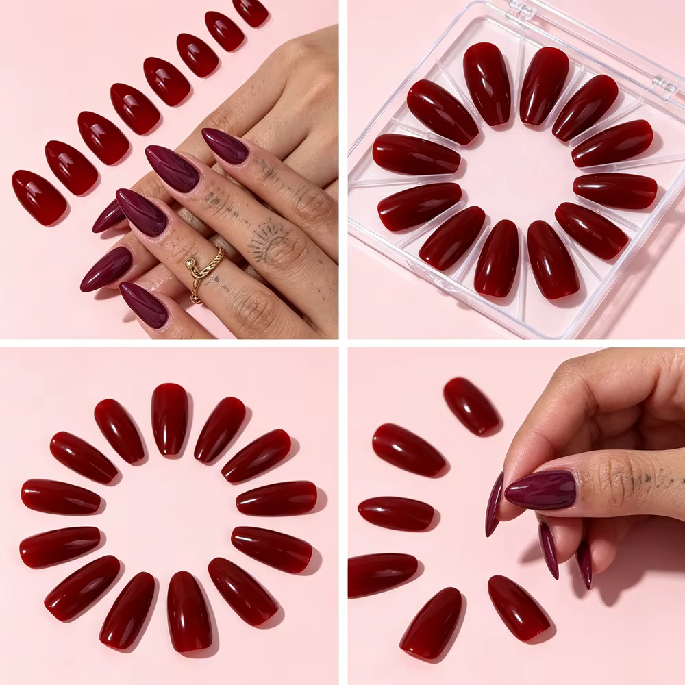 Faux ongles à presser rouge bordeaux brillants