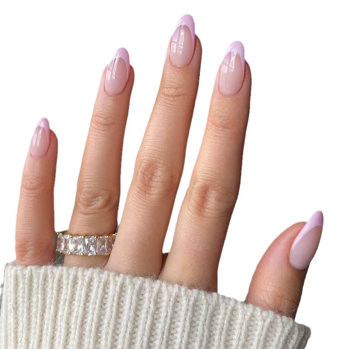 Mode femmes filles longue forme ovale français rose bordure rayures couverture complète portable faux ongles presse sur Nail Art 24 pièces/ensemble ﻿