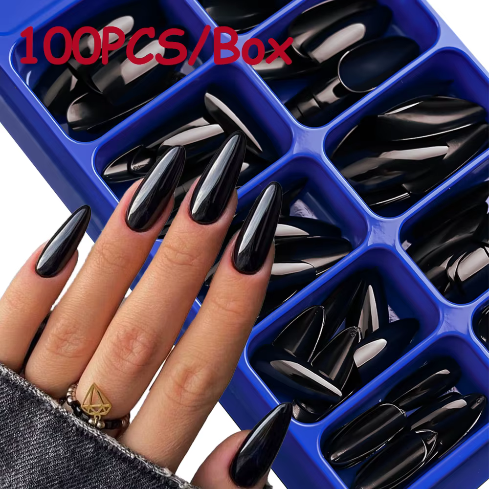 100 pièces presse à la main sur les ongles noir français amande couleur unie mi-longue artificielle faux