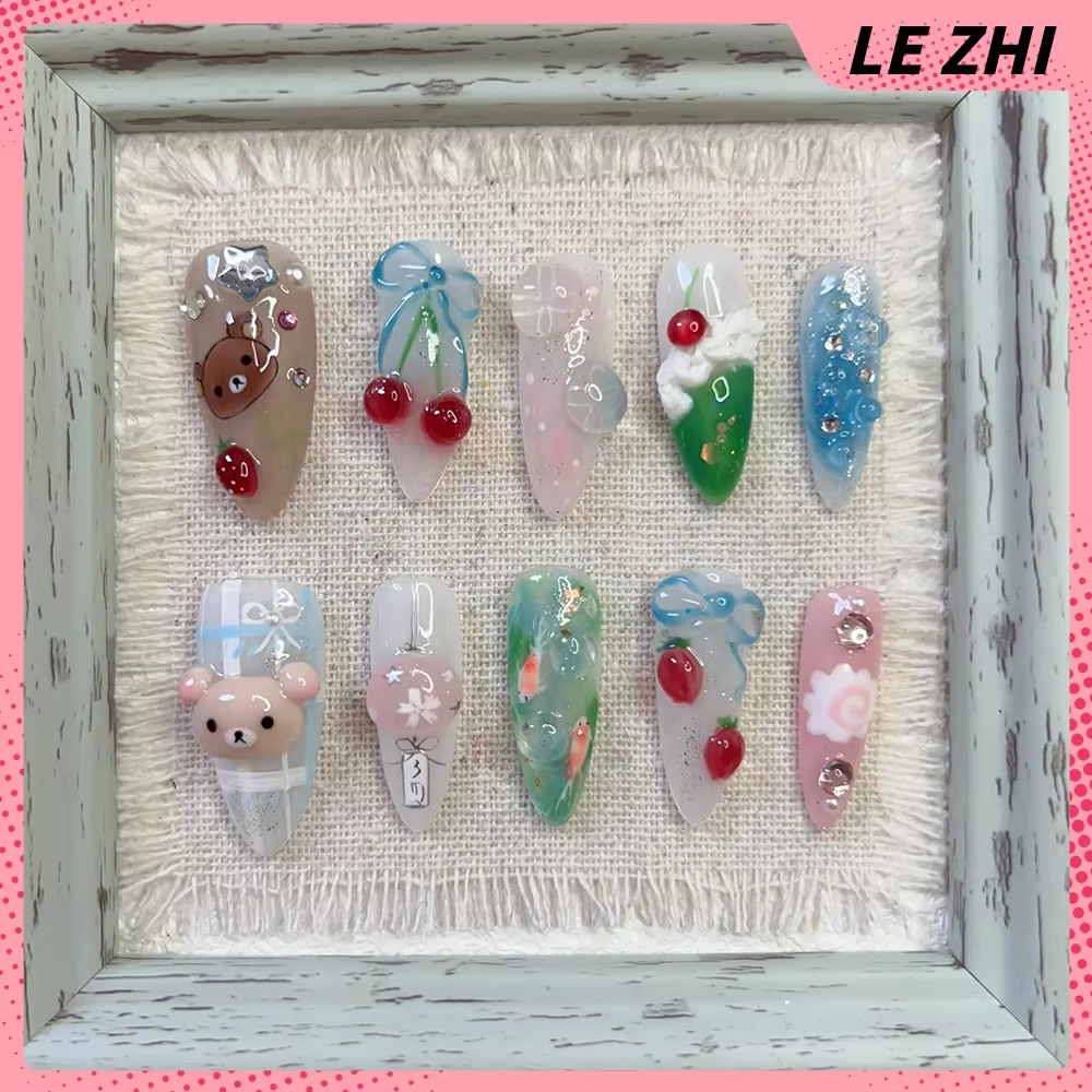 Dessin animé Kawaii Rilakkuma Long carré Stiletto fait à la main couverture complète ongles Biscuit fraise Notes de