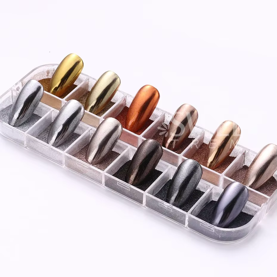 12 grilles automne hiver couleur foncé ongles paillettes Pigment miroir magique marron argent or frotter poudre Gel vernis poussière manucure décor
