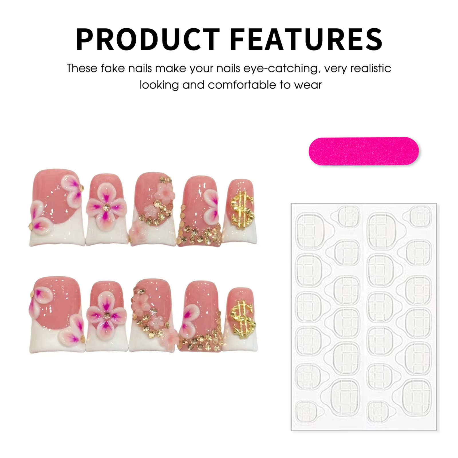 10 faux ongles courts blancs de style français avec motif floral 3D rose et or