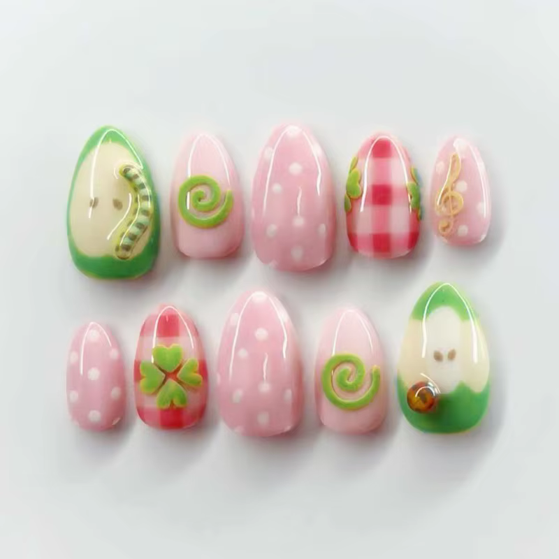 24 faux ongles à presser vert mignon motif pomme et amande