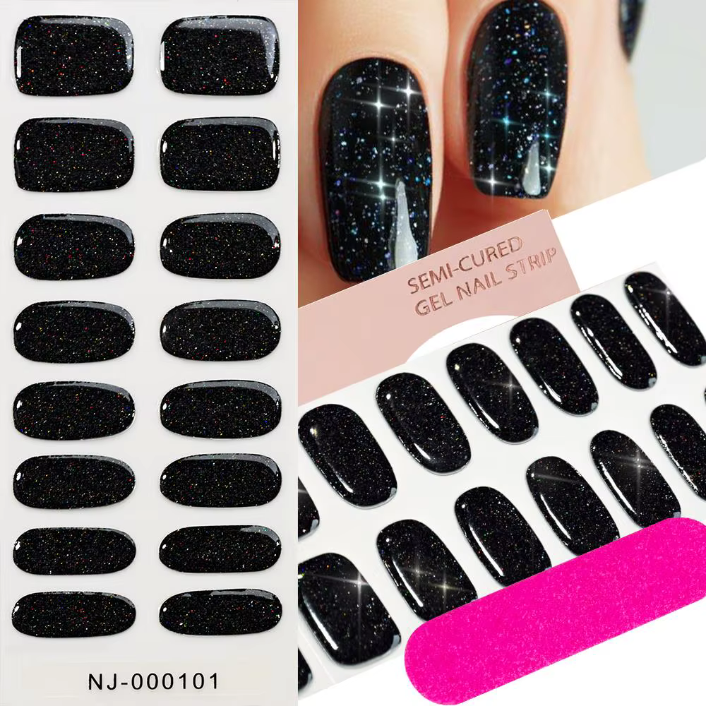 16 autocollants pour ongles en gel semi-durci à paillettes noires + 1 lime