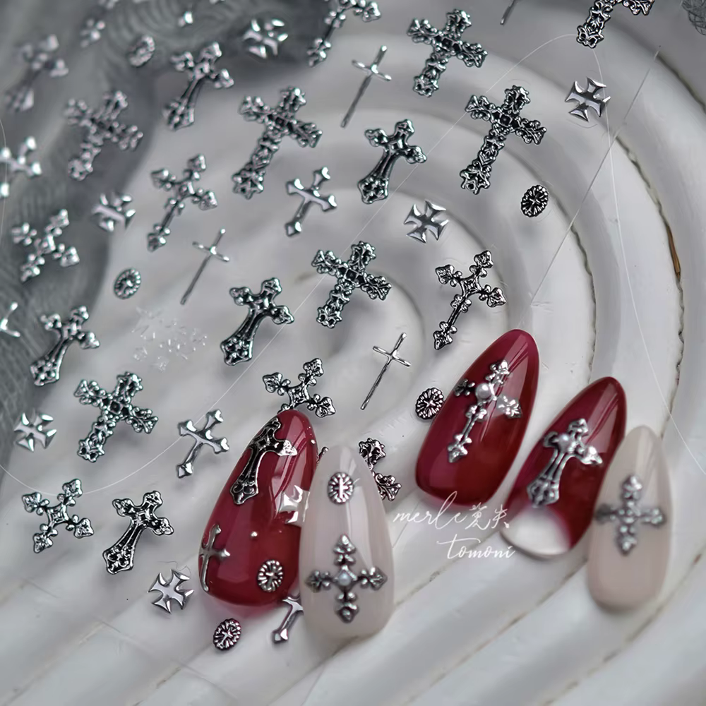 Autocollant d'ongle de croix d'argent rétro pour manucure breloques à assembler soi-même