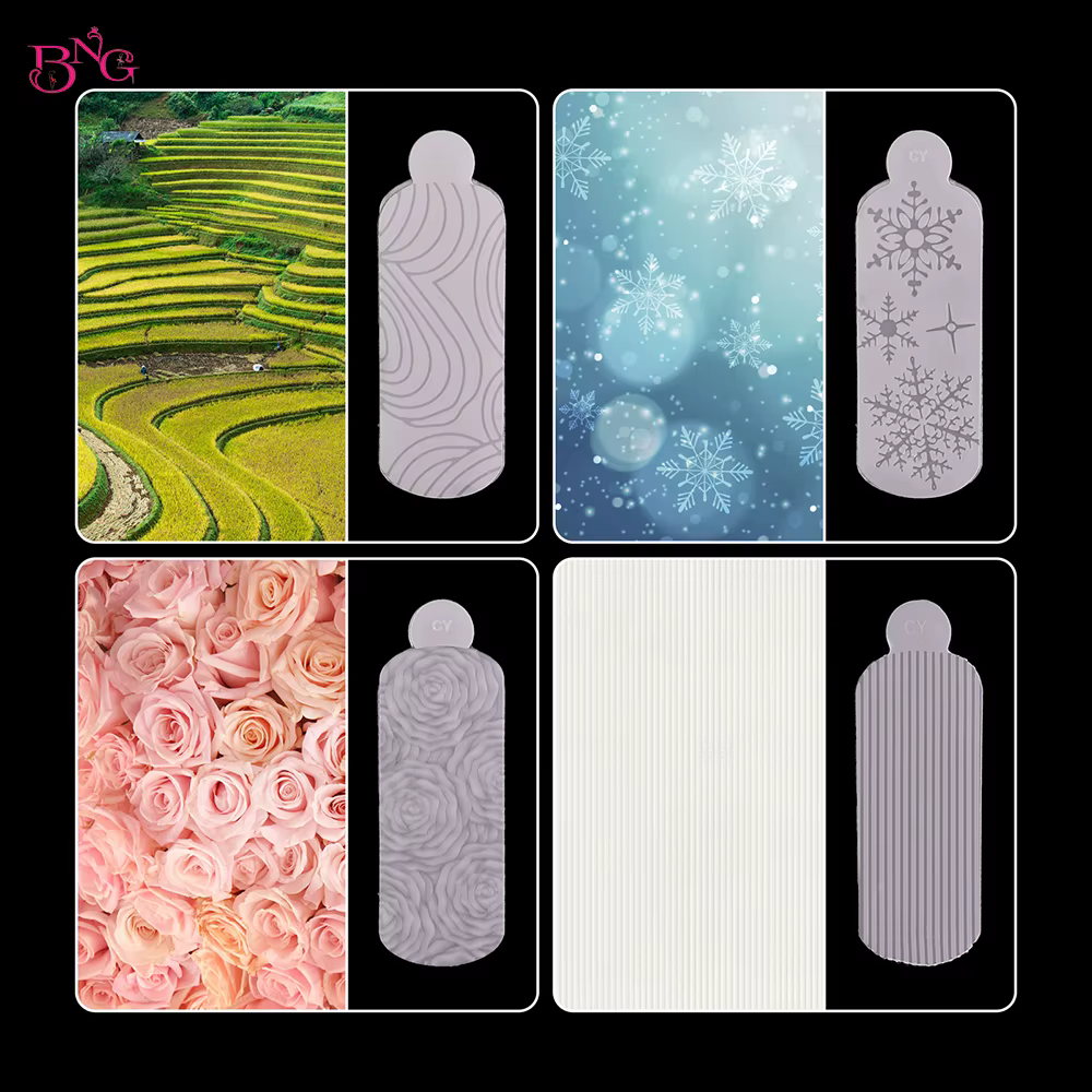 BNG 12 pièces ensemble de formes d'ongles de manucure française moules en Silicone à double autocollant pour une conception rapide pochoirs roses réutilisables avec motif de soulagement