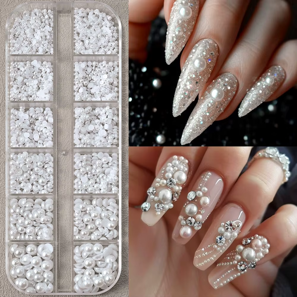 12 compartiments de perles blanches 3D pour ongles
