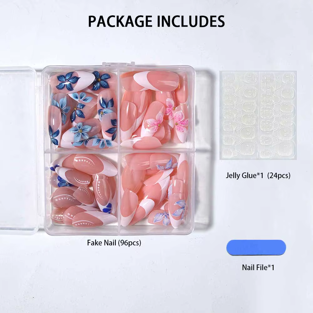 96 pièces par ensemble. Faux ongles blancs en gel 3D en forme d'amande