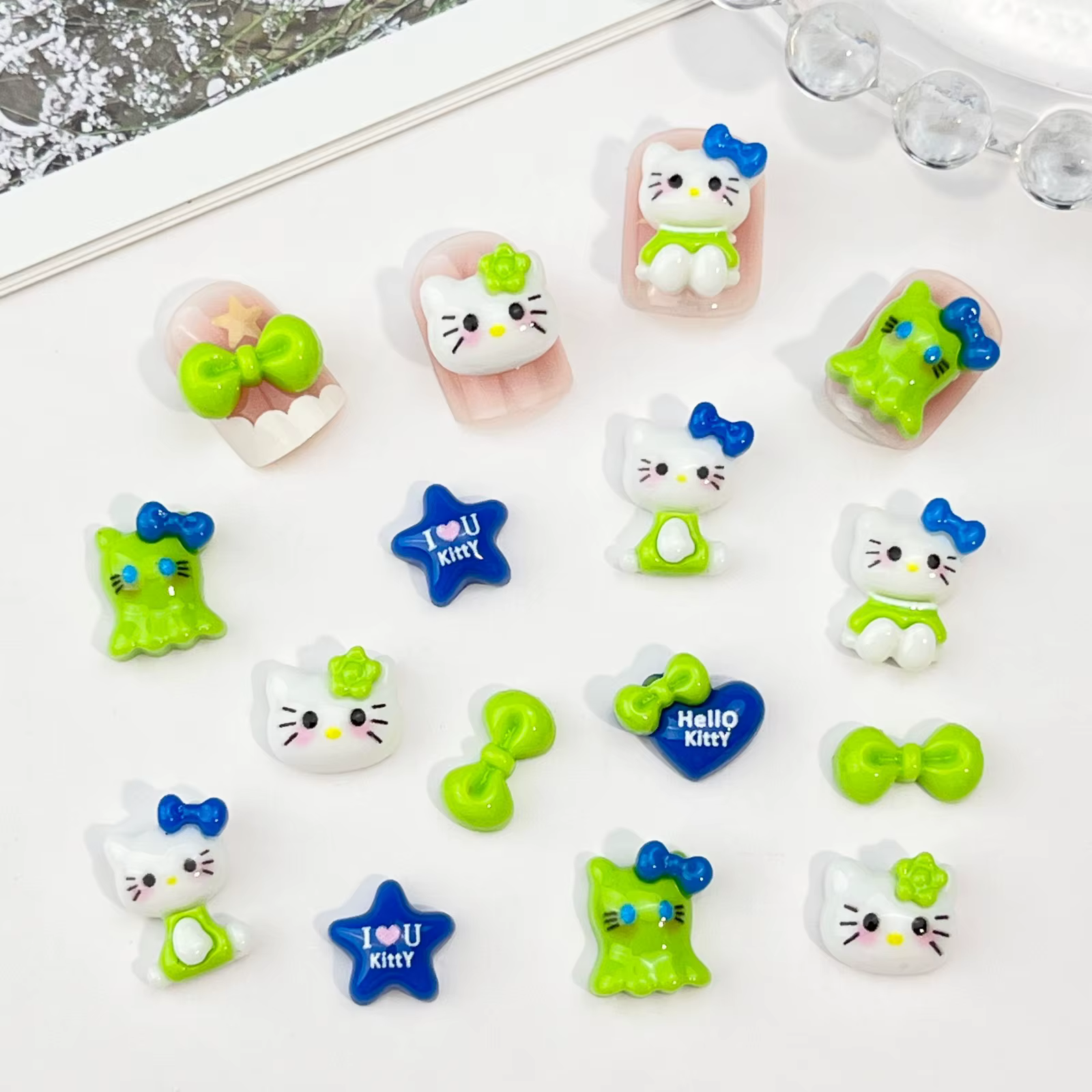 20 pièces adorables ongles Hello Kitty vert KT chat dessin animé accessoires