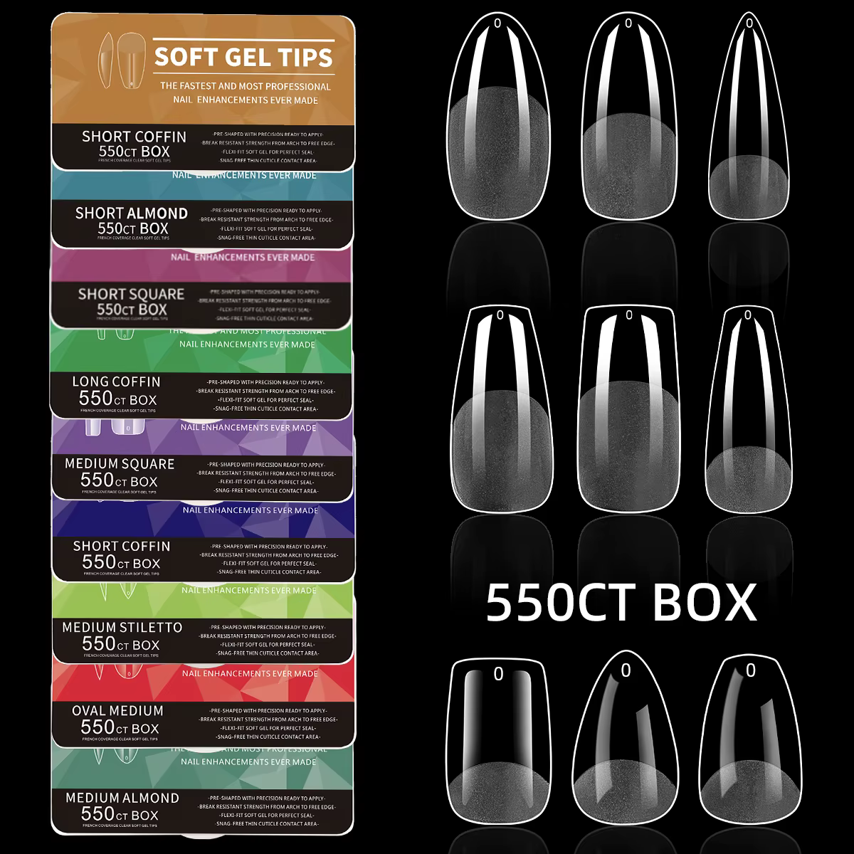 550 pièces pointes d'ongles en Gel souple couverture complète faux ongles conseils pour Extensions
