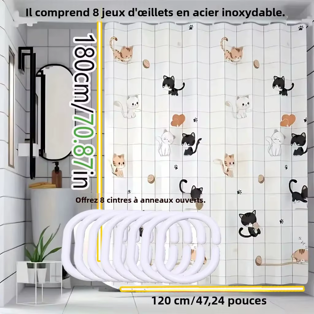 Rideau de douche simple avec motif de chat coquin, facile à nettoyer et à récurer, en matériau PEVA imperméable, léger et opaque