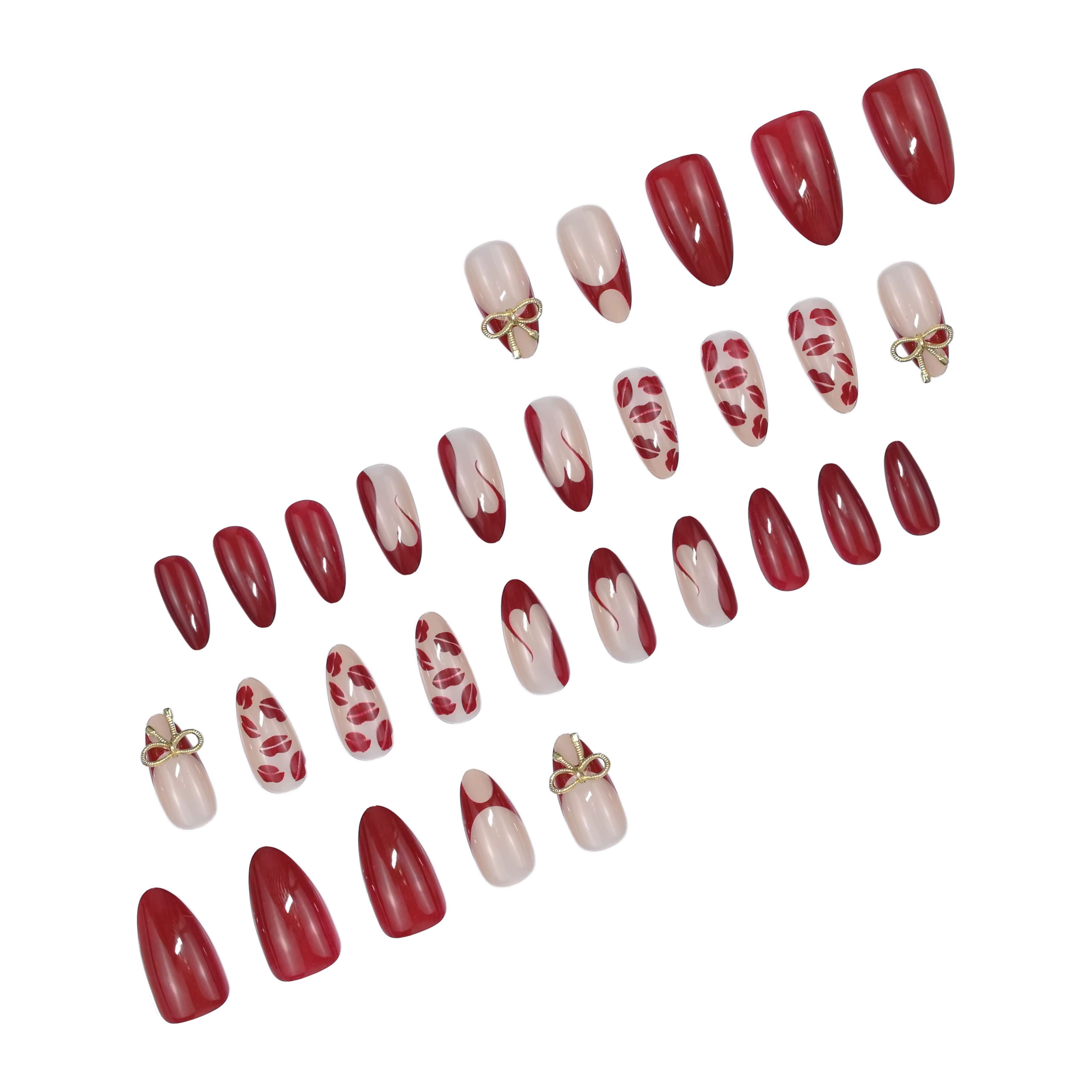 24 ongles artificiels faits à la main en tons rouge foncé et nude