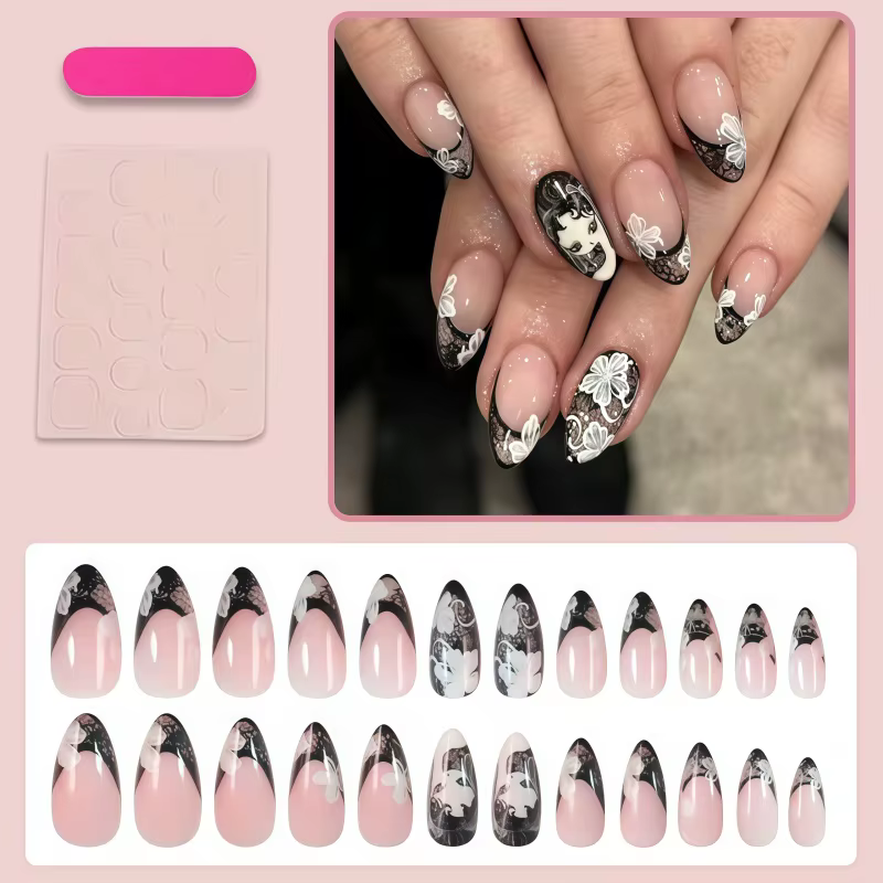 24 faux ongles français pointus en dentelle noire faits à la main