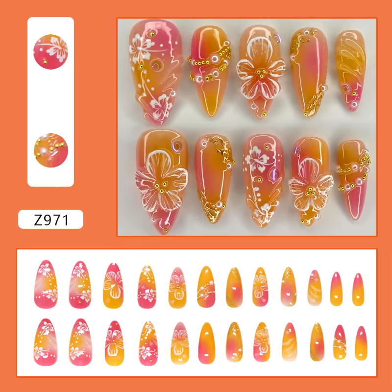 24 pièces or rose fleur presse sur ongles brillant amande automne portable faux