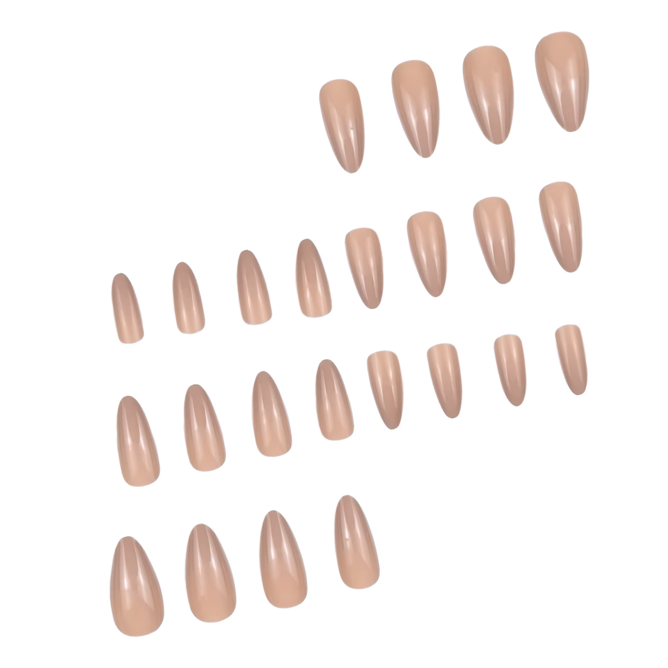 24 ongles d'amande faits à la main avec une finition beige nude brillante. Un look naturel «mes