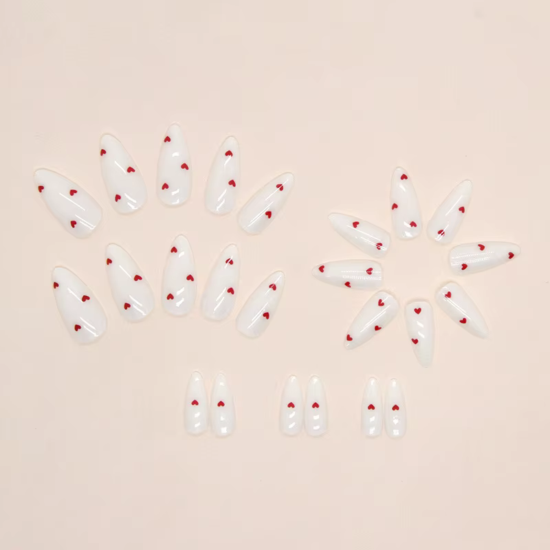 24 pièces ongles en forme d'amande blanc couverture complète presse rouge