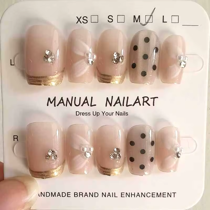 10 pièces à pois avec diamants fait à la main utilisable presse sur les ongles couverture complète oeil de chat
