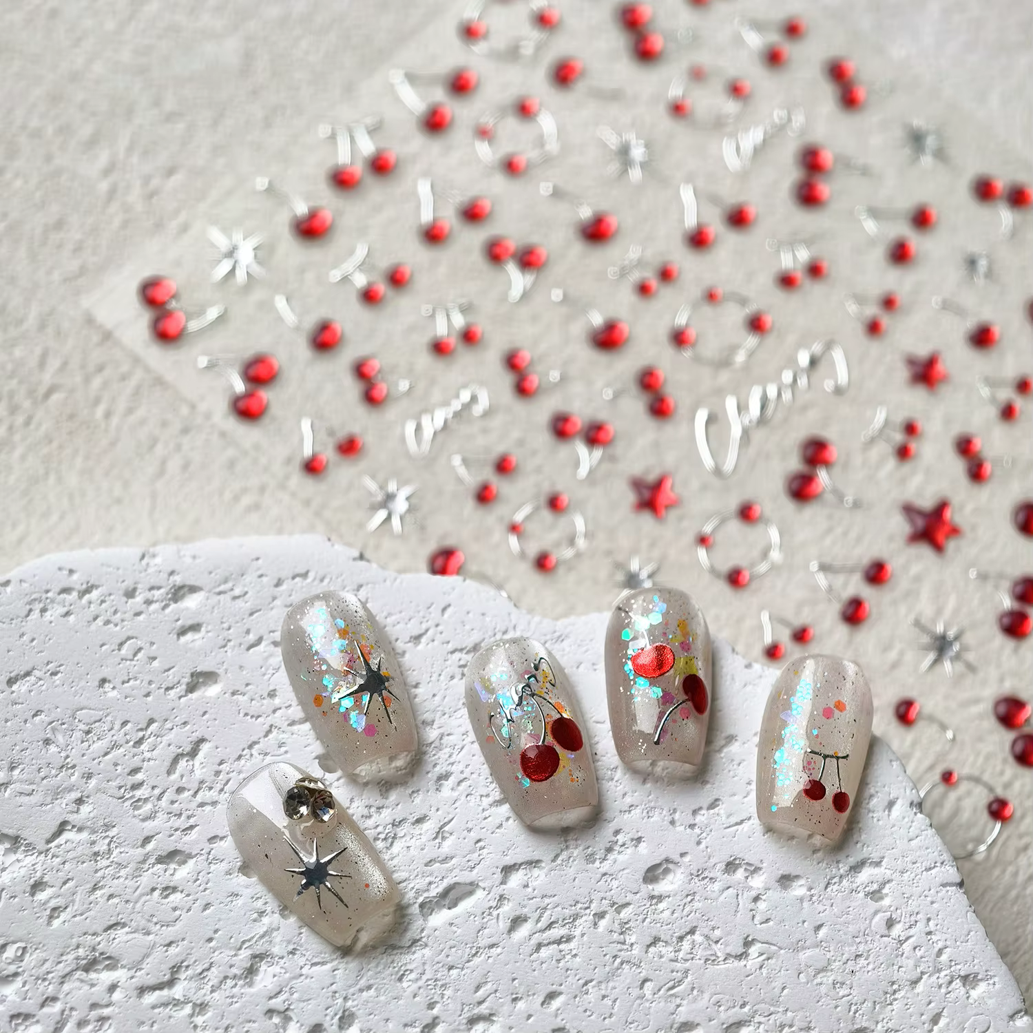 Autocollants 3D cerise mignons pour Nail Art