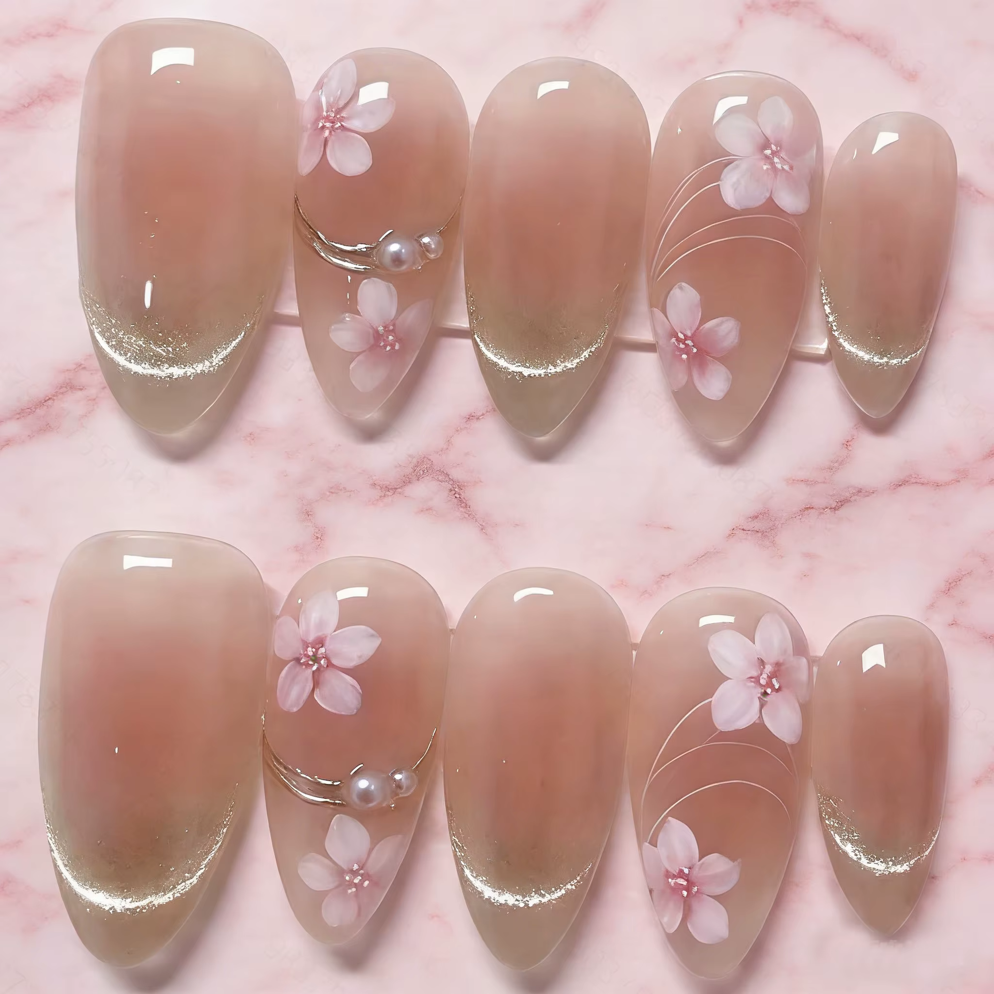 10 faux ongles Sakura faits à la main