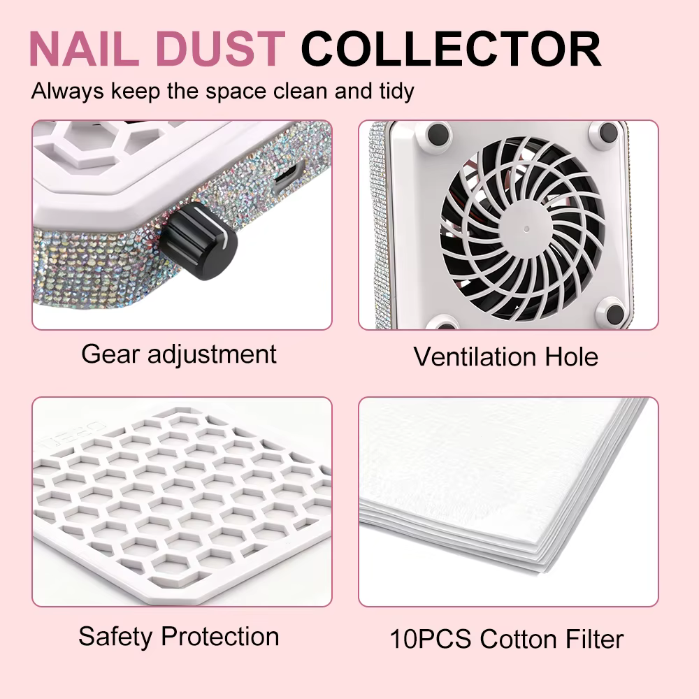 Collecteur de poussière d'ongles avec strass et tampon filtrant