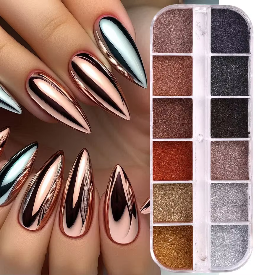 12 grilles automne hiver couleur foncé ongles paillettes Pigment miroir magique marron argent or frotter poudre Gel vernis poussière manucure décor