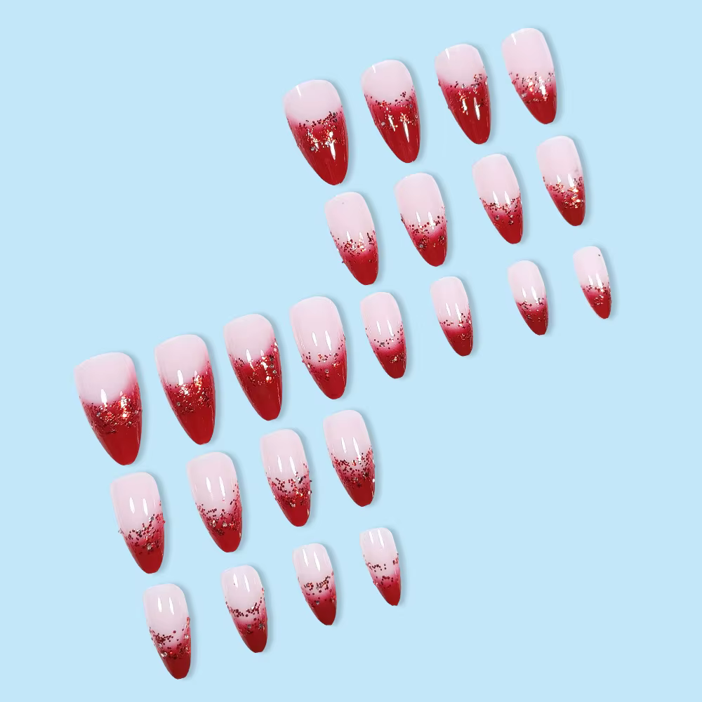 Faux ongles français à paillettes rouge vin
