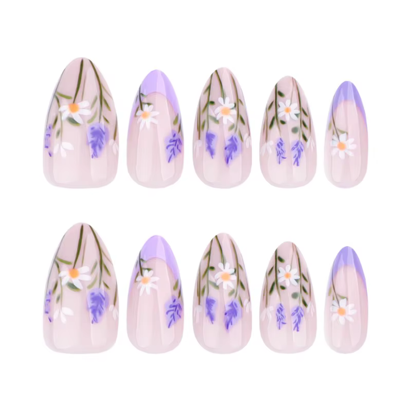 24 pièces printemps été ongles presse Ons fleur français violet faux