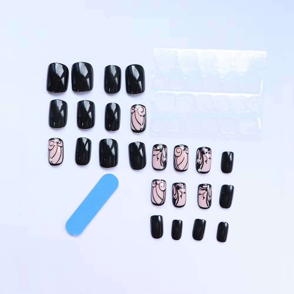 ARTAUG 24 pièces améliore votre Style avec des ongles courts carrés noirs à pression en dentelle