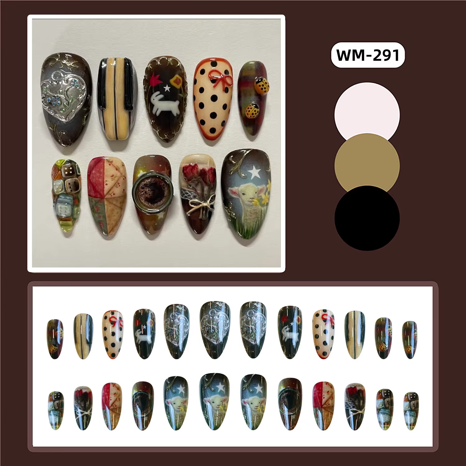 24 pièces Vintage Style campagnard faux ongles mignon dessin animé petit agneau lapin Rose imprimé presse