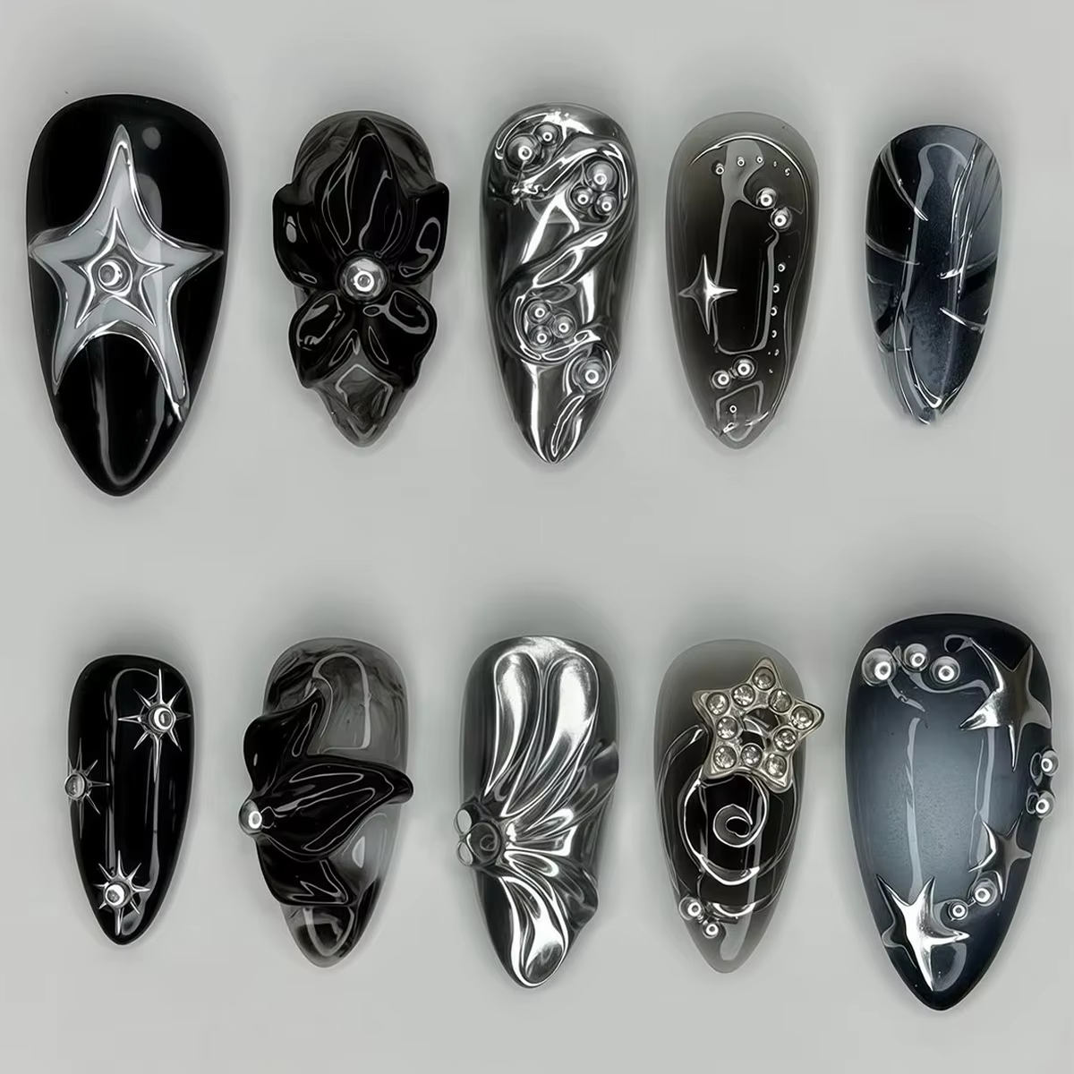 24 pièces faux ongles fille épicée arc argenté avec diamant