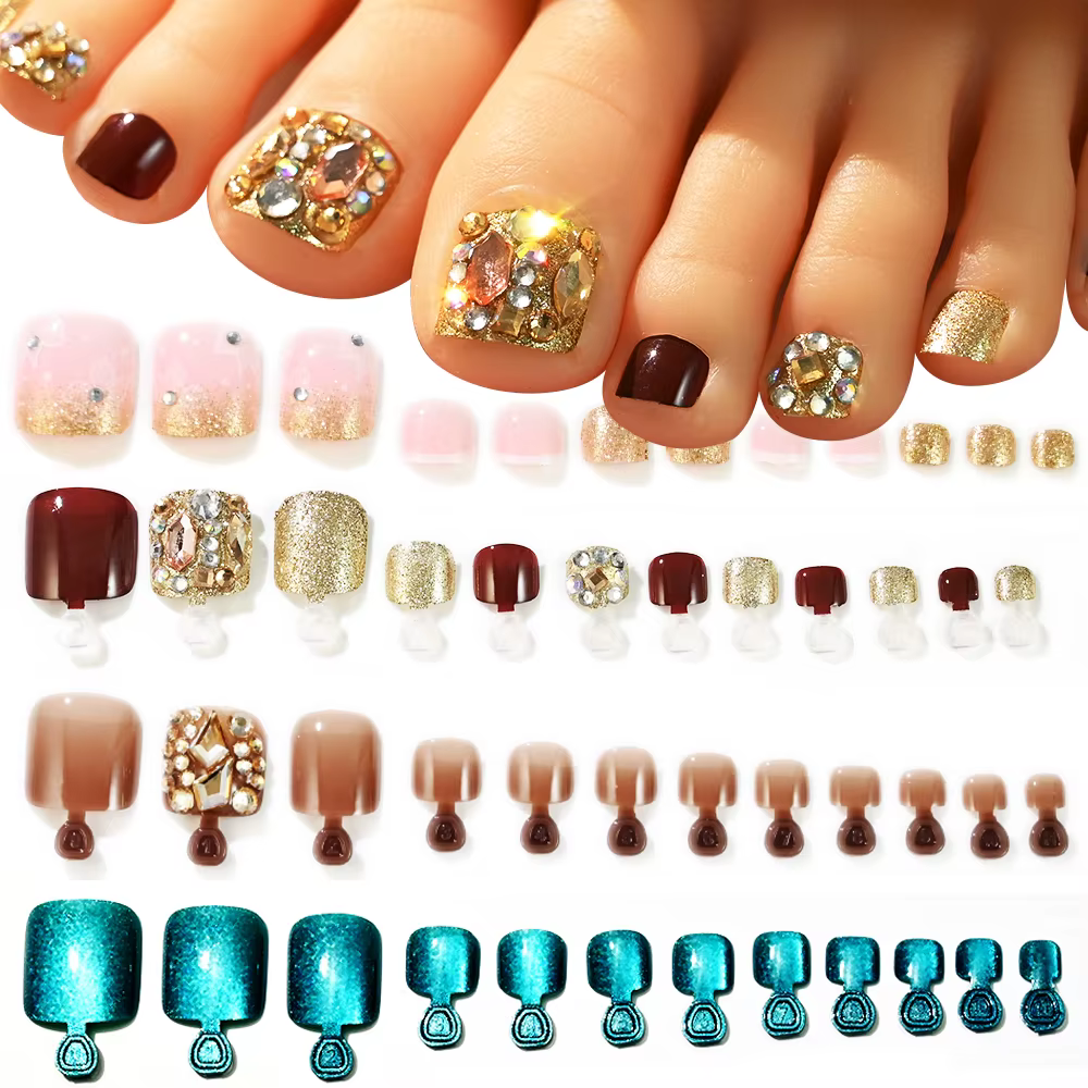 24 pièces diamant faux ongles court carré Aurora couverture complète portable strass