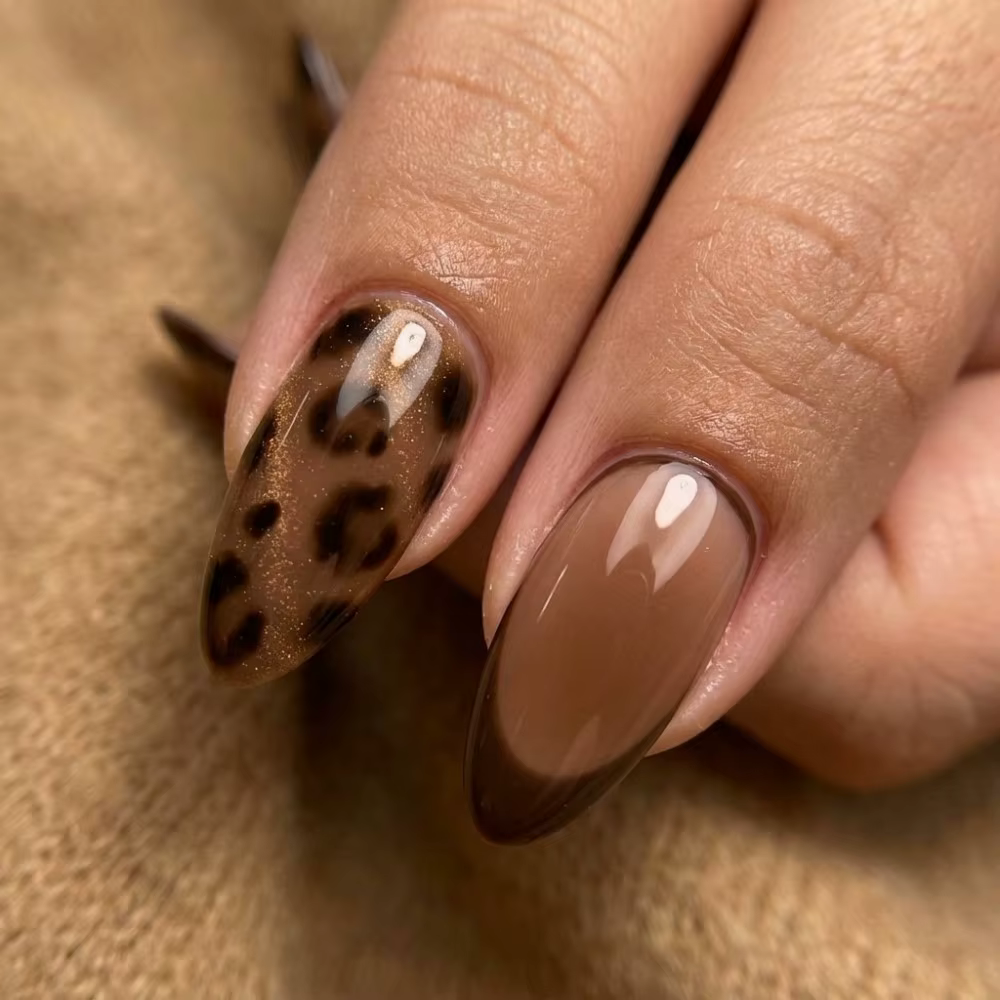 24 faux ongles nude en forme d'amande pour femmes avec pointes françaises marron et motif écaille de tortue