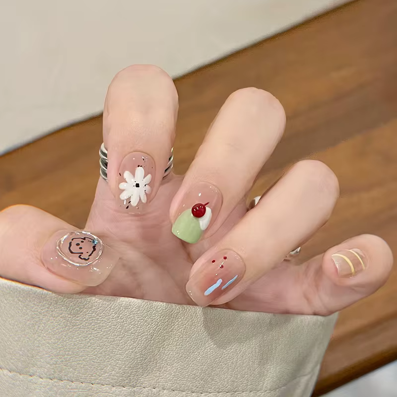 24 pièces Blush faux ongles avec colle fleur chiot été presse