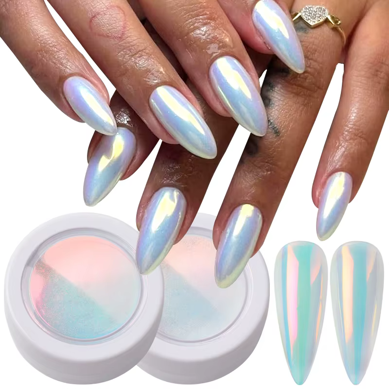 1/2 pièces Poudre à ongles rose effet aurore chromée