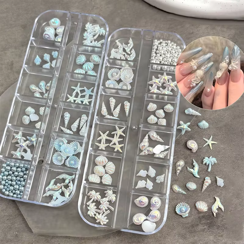 12 grilles/boîte bleu blanc breloque pour ongles coquille étoile de mer queue de sirène 3d accessoires de Nail Art pour un Look de manucure rêve et océanique
