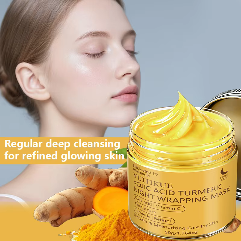 YUITIKUE 50g Masque de nuit enveloppant à l'acide kojique et au curcuma, Vitamine C, Rétinol, Masque facial hydratant doux et lissant pour soin de nuit