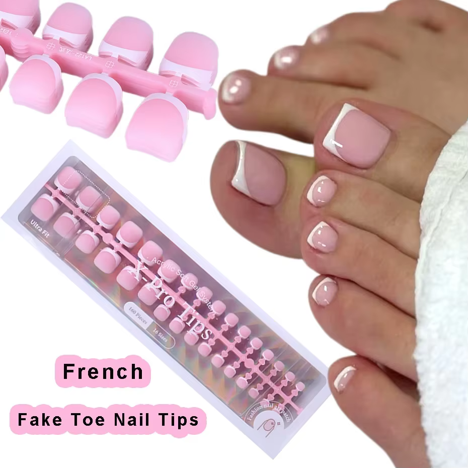 160 pièces faux ongles des orteils rose français court carré couverture complète naturel artificiel acrylique