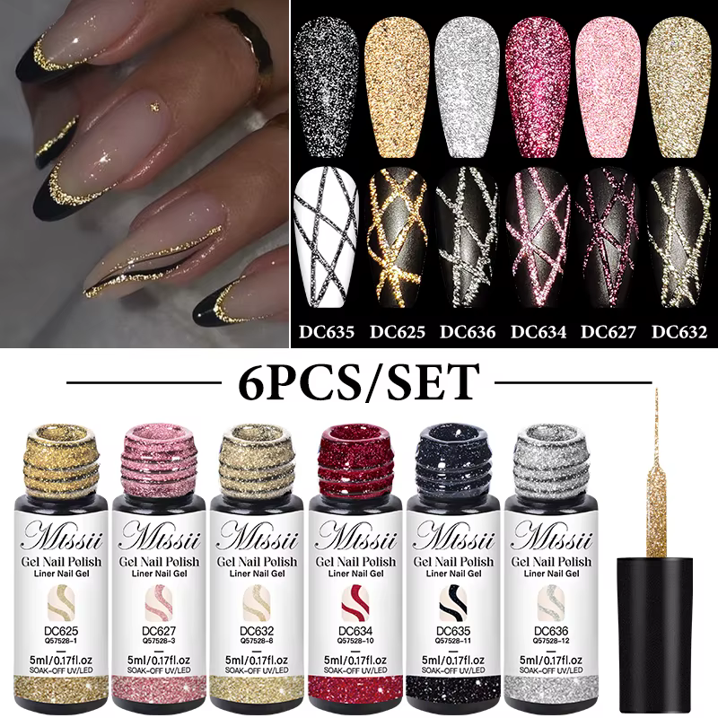 2/4/6 pièces réfléchissant paillettes Liner Gel vernis à ongles ensemble tirer ligne Graffiti peinture rayure bricolage