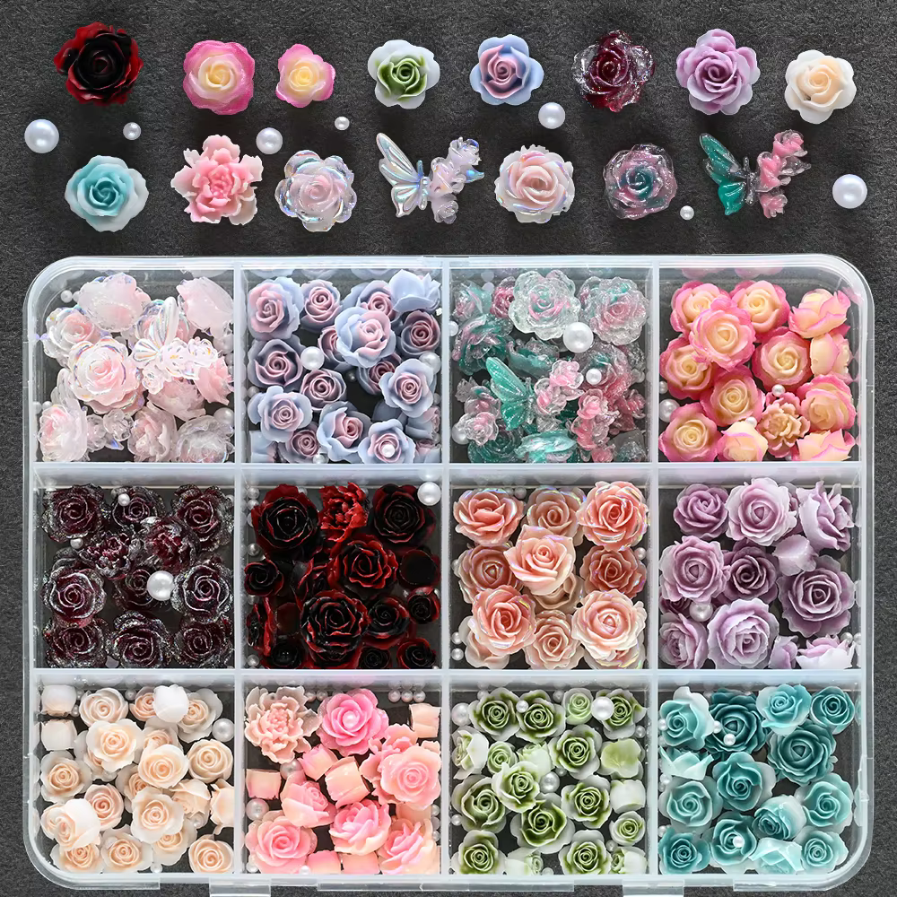 12 grilles 3D camélia Rose fleur Nail Art breloques mixte Floral papillon perle ongles décorations pour bricolage artisanat manucure accessoire