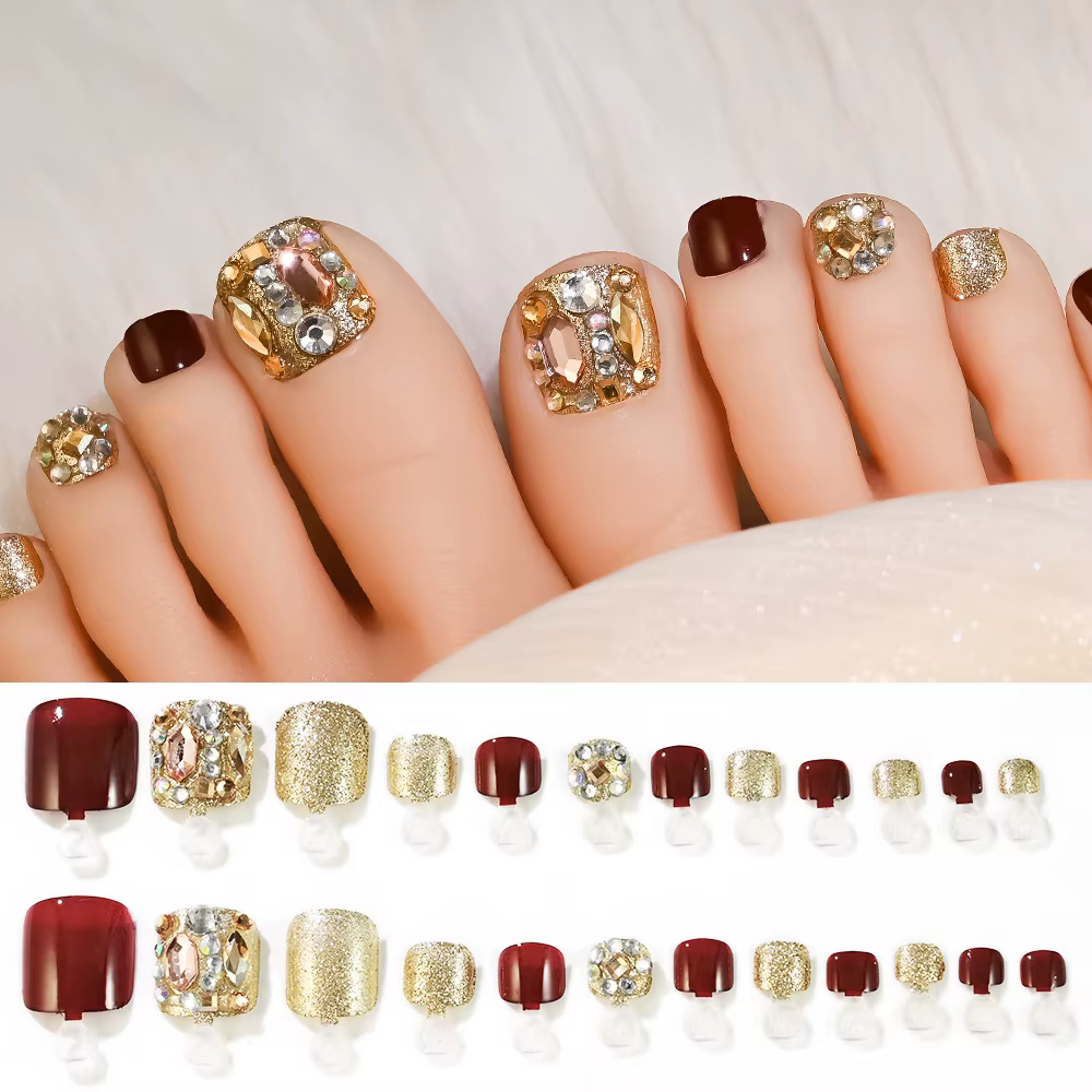 24 pièces diamant faux ongles court carré Aurora couverture complète portable strass