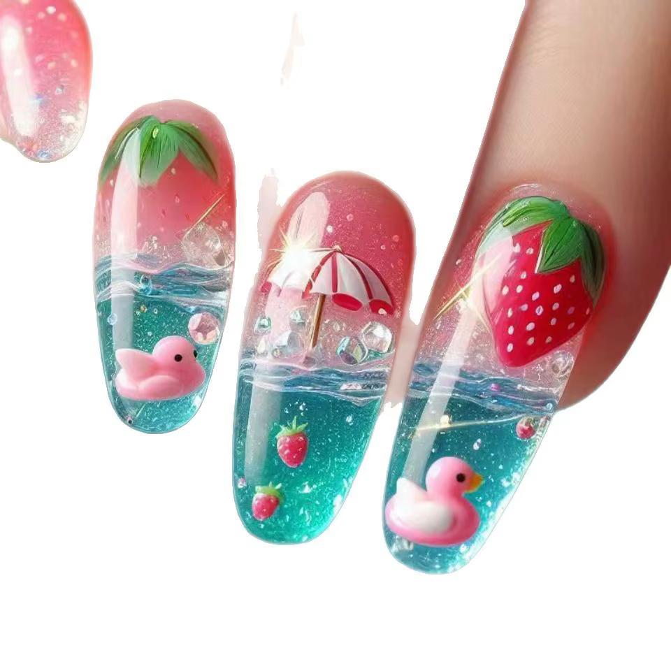 Canard conçoit presse sur les ongles avec fraise frais jour d'été faux