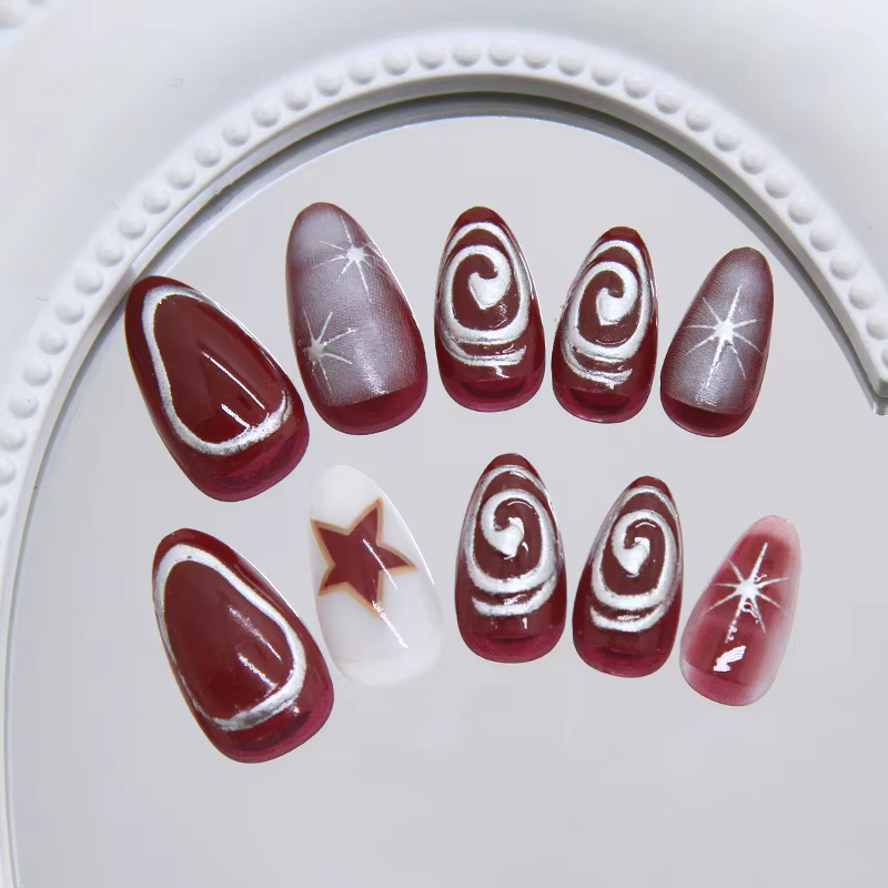 24 pièces rouge étoile imprimer faux ongles doux Cool court amande presse