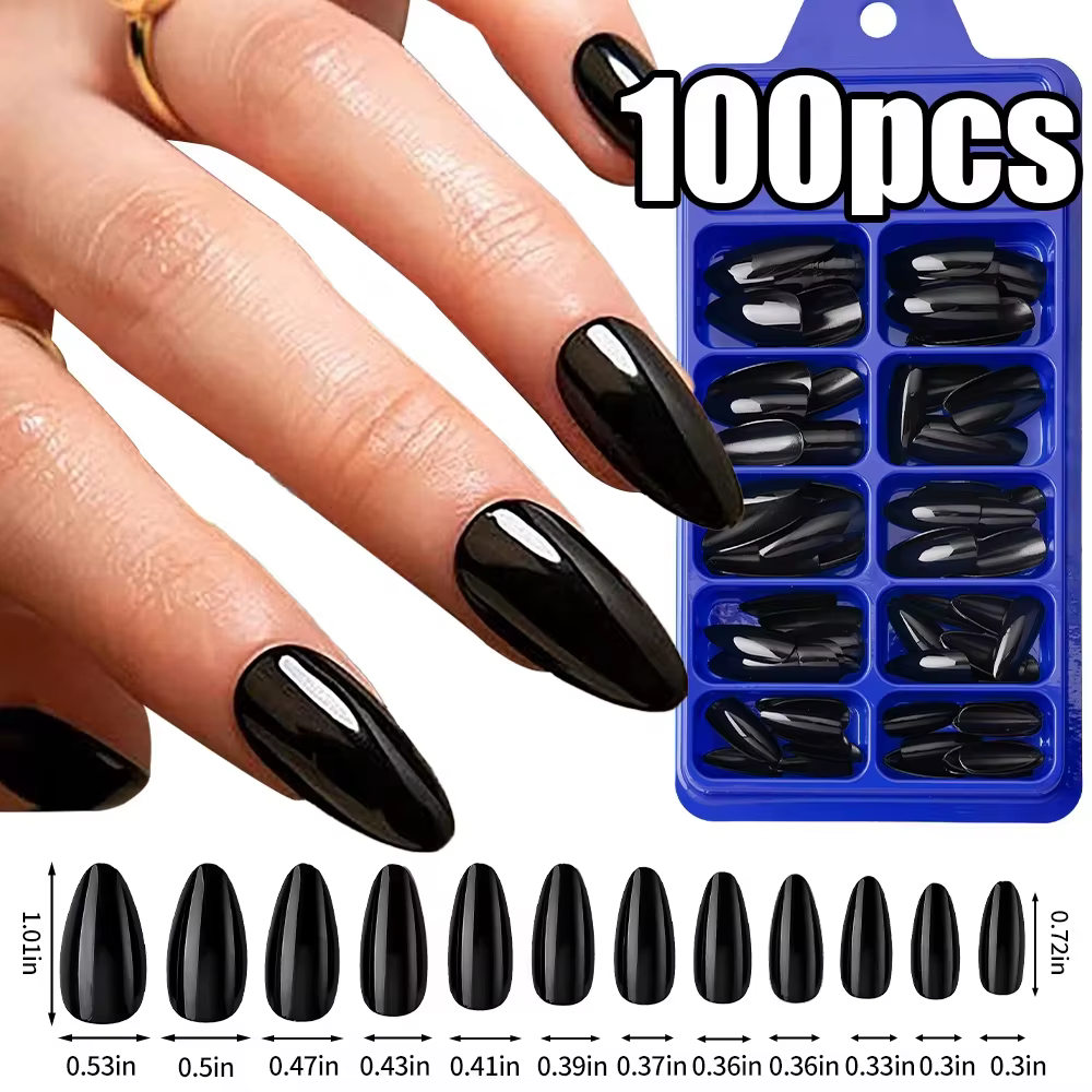 100 pièces presse à la main sur les ongles noir français amande couleur unie mi-longue artificielle faux