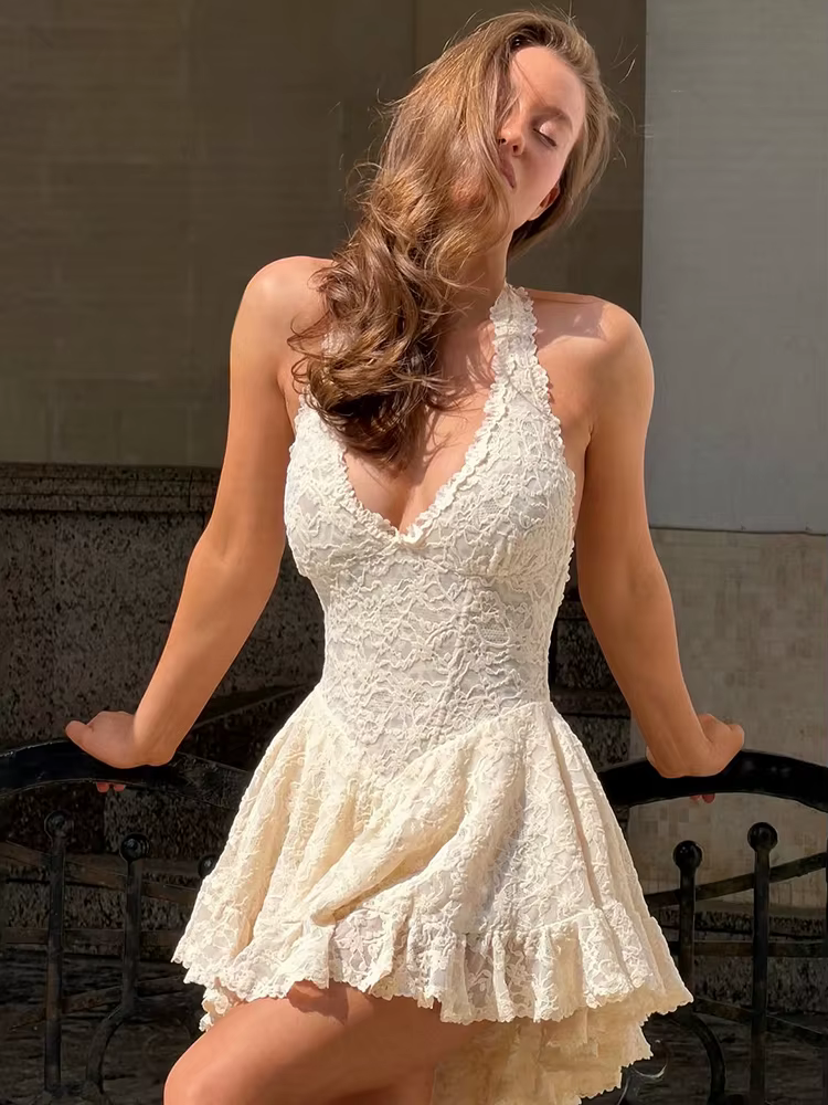 Sisterlind Dos Nu Jacquard Robe Femmes Halter v-cou Dentelle Maigre Plis Sans Manches Élégant Mode Prom Party Chic Mini Moulante