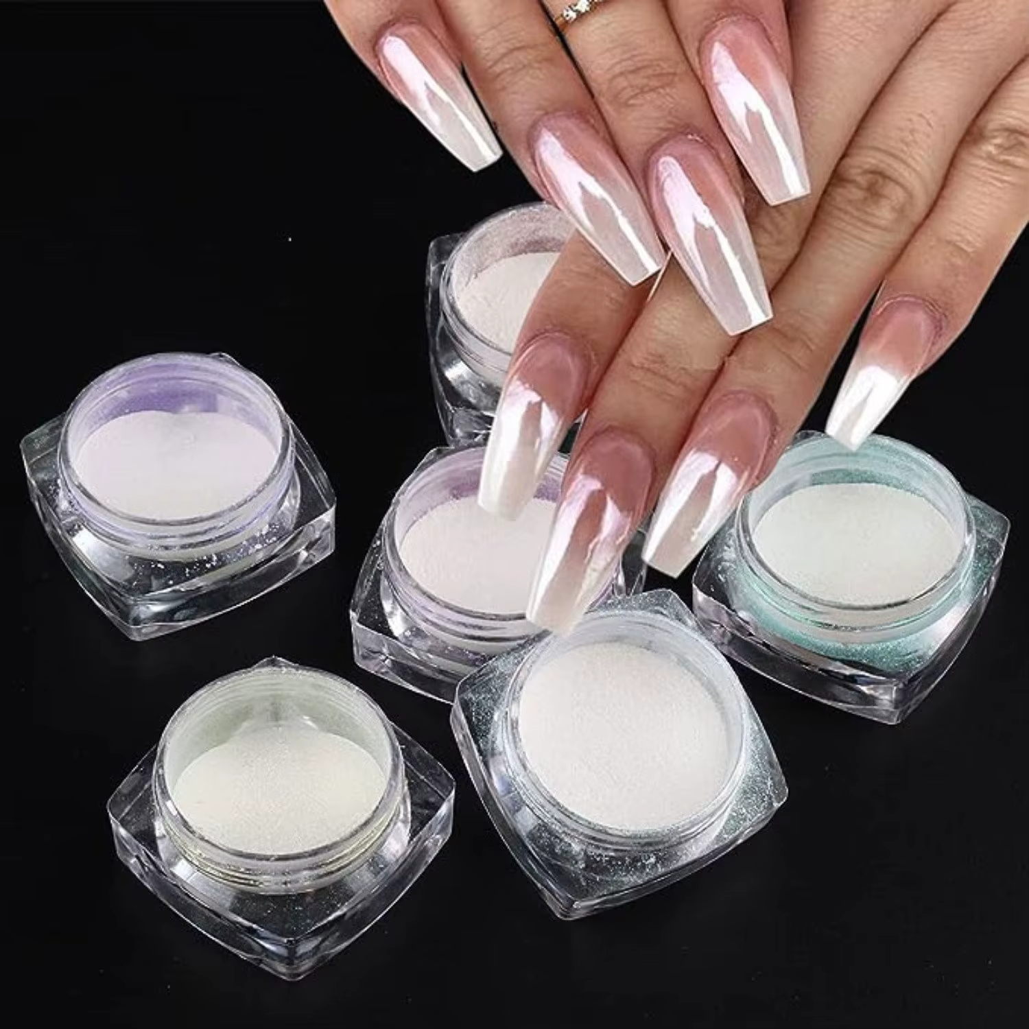 6 couleurs clair de lune perle miroir ongles poudre blanc fines paillettes effet métallique Pigment Gel vernis Chrome