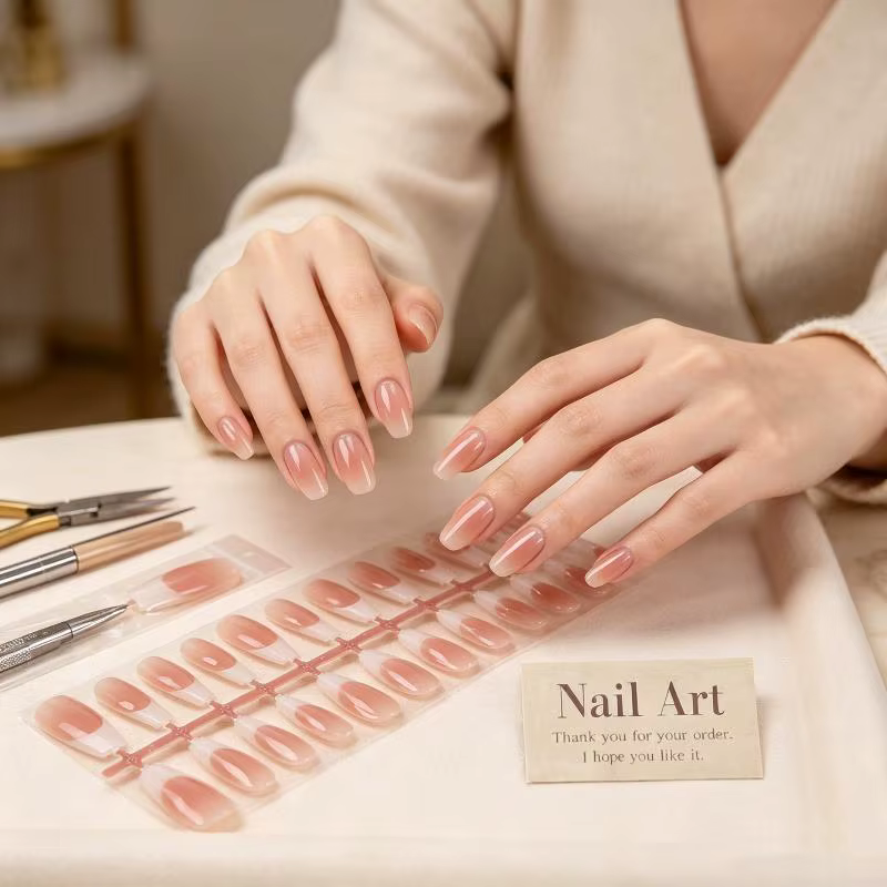 30 faux ongles élégants à bord blanc