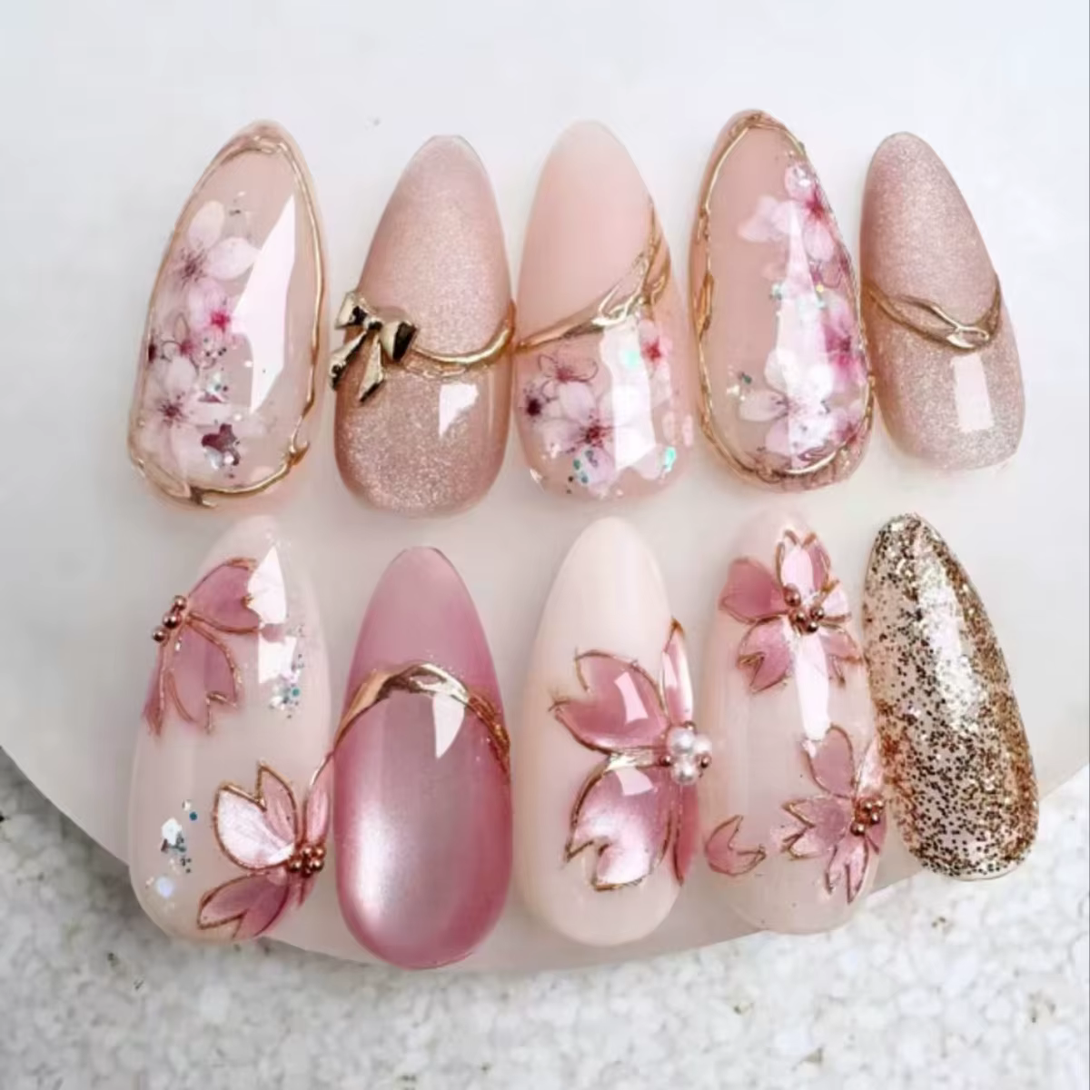 24 pièces rose amande presse sur ongles motif de fleur faux