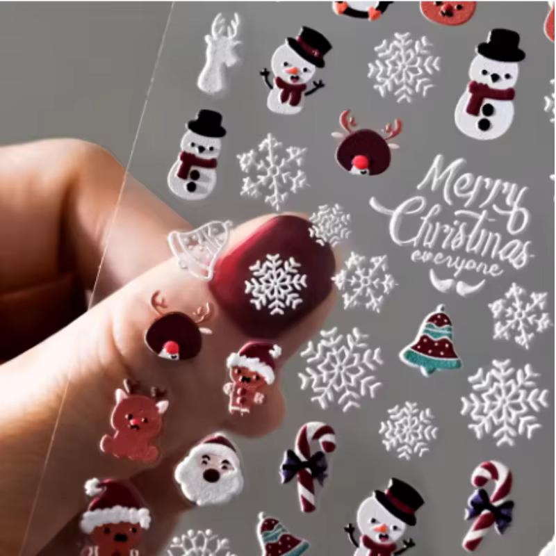 Autocollants pour ongles de noël 5D en relief bonhomme de neige flocons