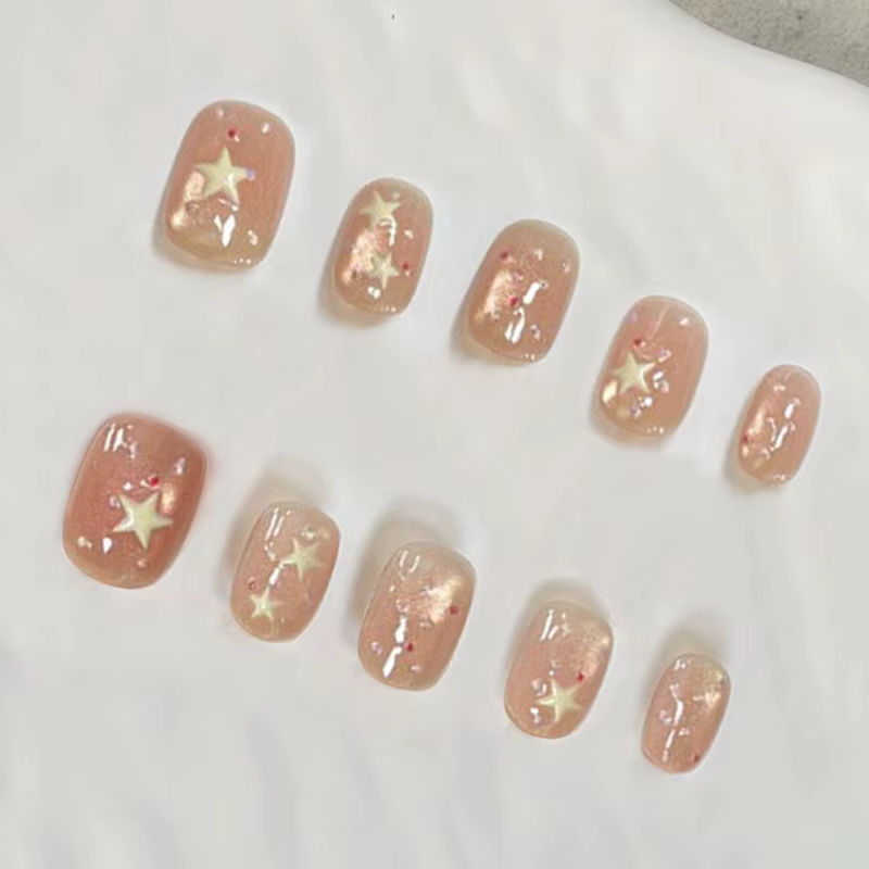 10 faux ongles courts ovales de style français à presser – Motifs simples à rayures colorées et étoiles