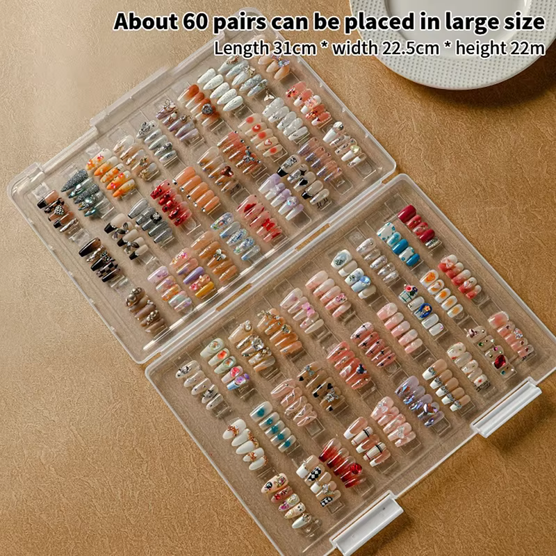 Boîte de rangement grande capacité pour faux ongles, anti-poussière, transparente, pratique, avec carte de couleurs et présentoir pour plaques d'ongles